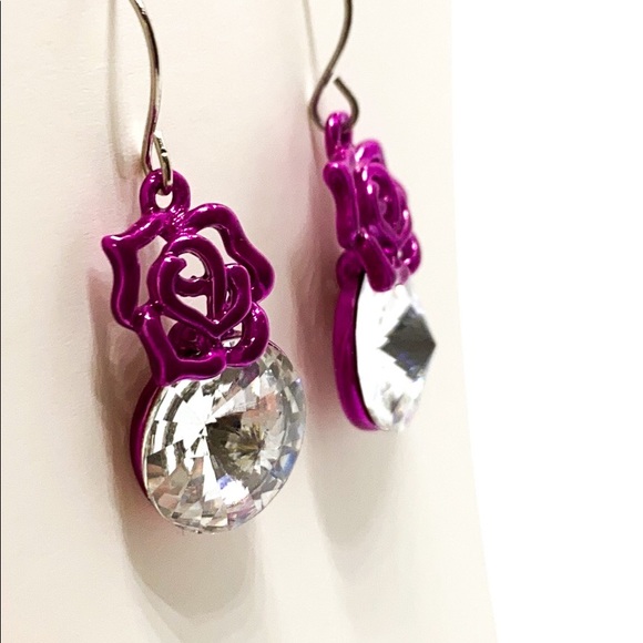 Pink Rose Silver Rhinestone Post Earrings - Picture 7 of 7